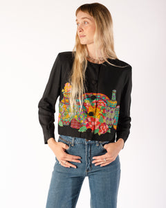 80s Cropped Light Rayon Jacket with Still Life Print and Covered Buttons