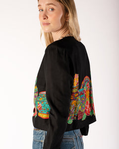 80s Cropped Light Rayon Jacket with Still Life Print and Covered Buttons