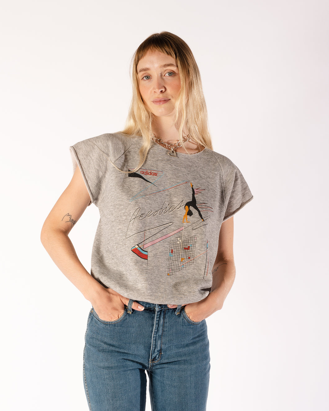 80s Adidas Aerobics Heather Grey Short Sleeve Flashdance Sweatshirt