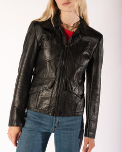 70s Fitted East-West Style Black Leather Jacket with Moon Pockets