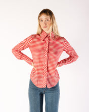 Load image into Gallery viewer, 70s Gingham Red and White Poly/Cotton Dagger Collar Long Sleeve Blouse