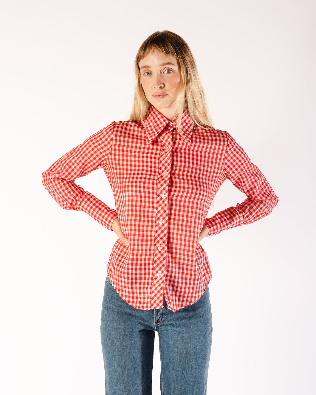 70s Gingham Red and White Poly/Cotton Dagger Collar Long Sleeve Blouse