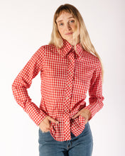Load image into Gallery viewer, 70s Gingham Red and White Poly/Cotton Dagger Collar Long Sleeve Blouse