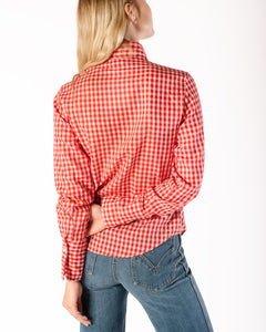 70s Gingham Red and White Poly/Cotton Dagger Collar Long Sleeve Blouse