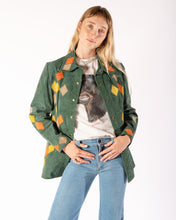 Load image into Gallery viewer, 70s Forest Green Suede Jacket with Diamond Patchwork in Gold and Orange