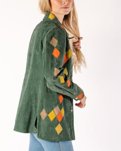 70s Forest Green Suede Jacket with Diamond Patchwork in Gold and Orange