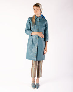 90s Medium Blue Leather Convertible Zip-off Bottom Trench