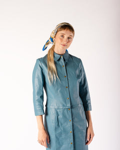 90s Medium Blue Leather Convertible Zip-off Bottom Trench