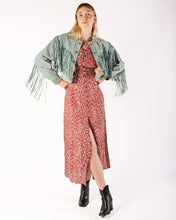 Load image into Gallery viewer, 80s Aqua Blue Cropped Fringe Suede Jacket with Silver Sunflower Snaps