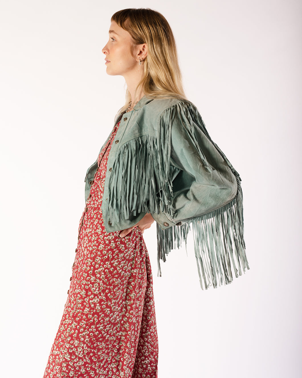 80s Aqua Blue Cropped Fringe Suede Jacket with Silver Sunflower Snaps