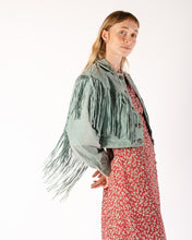 Load image into Gallery viewer, 80s Aqua Blue Cropped Fringe Suede Jacket with Silver Sunflower Snaps