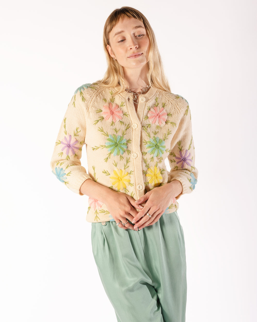 60s Embroidered Floral Wool Cardigan