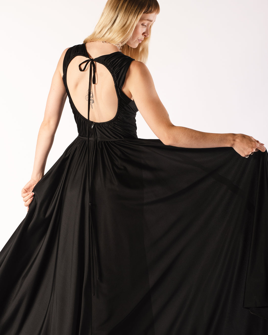 Incredible 70s backlesss Black Jersey full-length dress