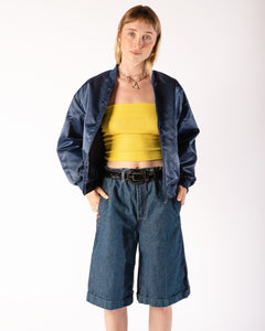 Dark Indigo Long Flared Denim Shorts with Cuffs