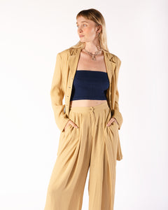 Bogato 2-piece pant suit in butter yellow with a subtle beige check pattern