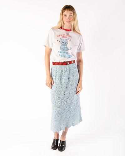 90s does 70s Baby Blue Lined Crochet Midi Skirt.