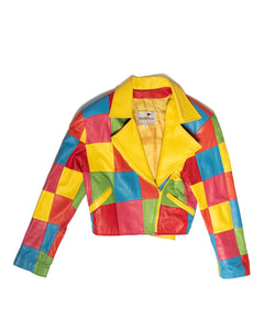 1980s Saks Rainbow Patchwork Cropped Leather Jacket