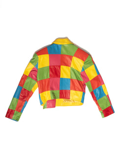 1980s Saks Rainbow Patchwork Cropped Leather Jacket