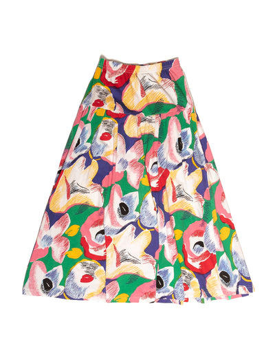 1980s Adrienne Vittadini Cotton Floral Midi Skirt