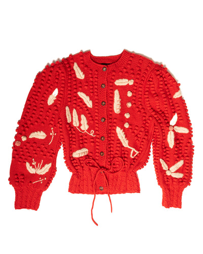 Red Hungarian Puff Sleeve Popcorn Knit Sweater with embroidery