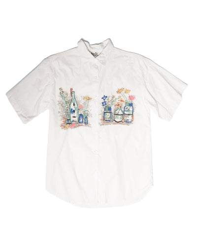 1980s Embroidered Still Life with Jars and flowers Cotton Button Down