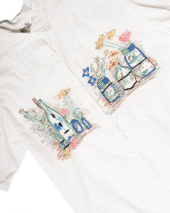 1980s Embroidered Still Life with Jars and flowers Cotton Button Down