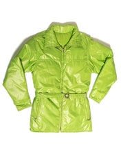 Load image into Gallery viewer, Lime green Vivid 70s glossy Nylon down filled ski jacket with belt