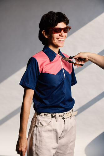 1970's Blue and Pink Cotton Collared Top