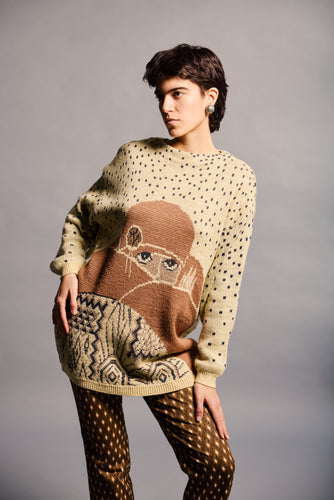 1980's Flapper Novelty Knit Cream Graphic Sweater