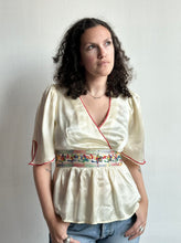 Load image into Gallery viewer, 1960&#39;s Cream Satin Folk Blouse  with Ric Tac  Rainbow Embroidery Peplum Cross Top
