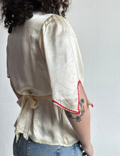 Load image into Gallery viewer, 1960&#39;s Cream Satin Folk Blouse  with Ric Tac  Rainbow Embroidery Peplum Cross Top