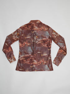 1970’s Brown Fish and Scuba Photo Print Poly Top with Dagger Collar