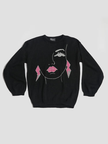 1980’s Black Knit Novelty Sweater with Sparkly Lady Face
