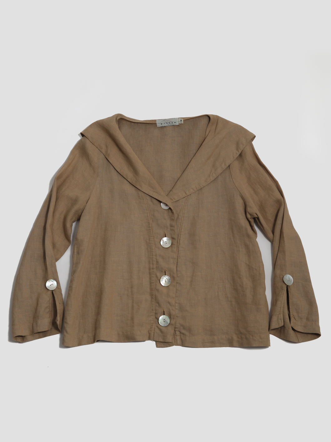 Camel Linen Blouse with Shell Buttons and Sailor collar