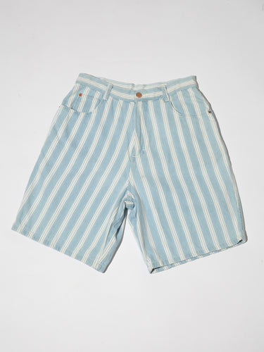 1990's Light Blue and White Striped Long Denim Shorts