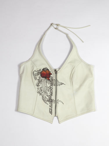 Y2K Embroidered White Leather Halter Top Harley Davidson