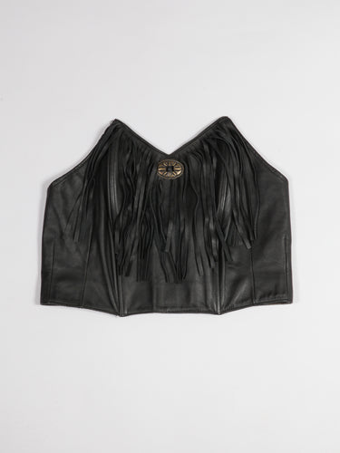 1990's Sleeveless Black Fringe Leather Corset Top