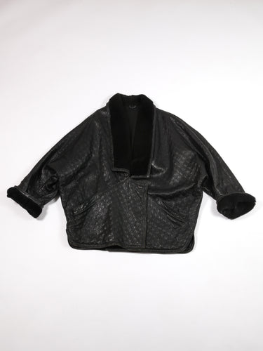 1980's Gianni Versace Black Leather Batwing Shearling Jacket