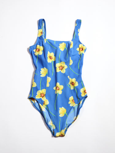 1990's Cornflower Blue and Yellow Floral One Piece Swimsuit