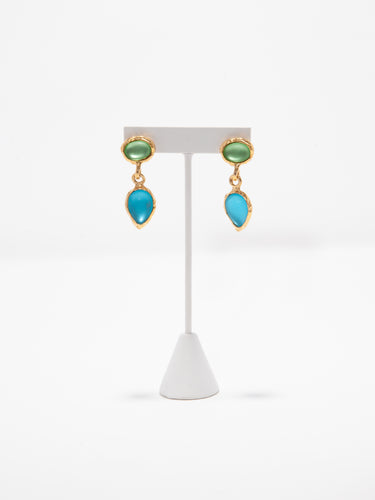 1980's Norma Jean Blue and Green Glass Cabochon  Drop Earrings