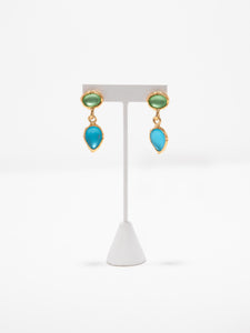 1980's Norma Jean Blue and Green Glass Cabochon  Drop Earrings