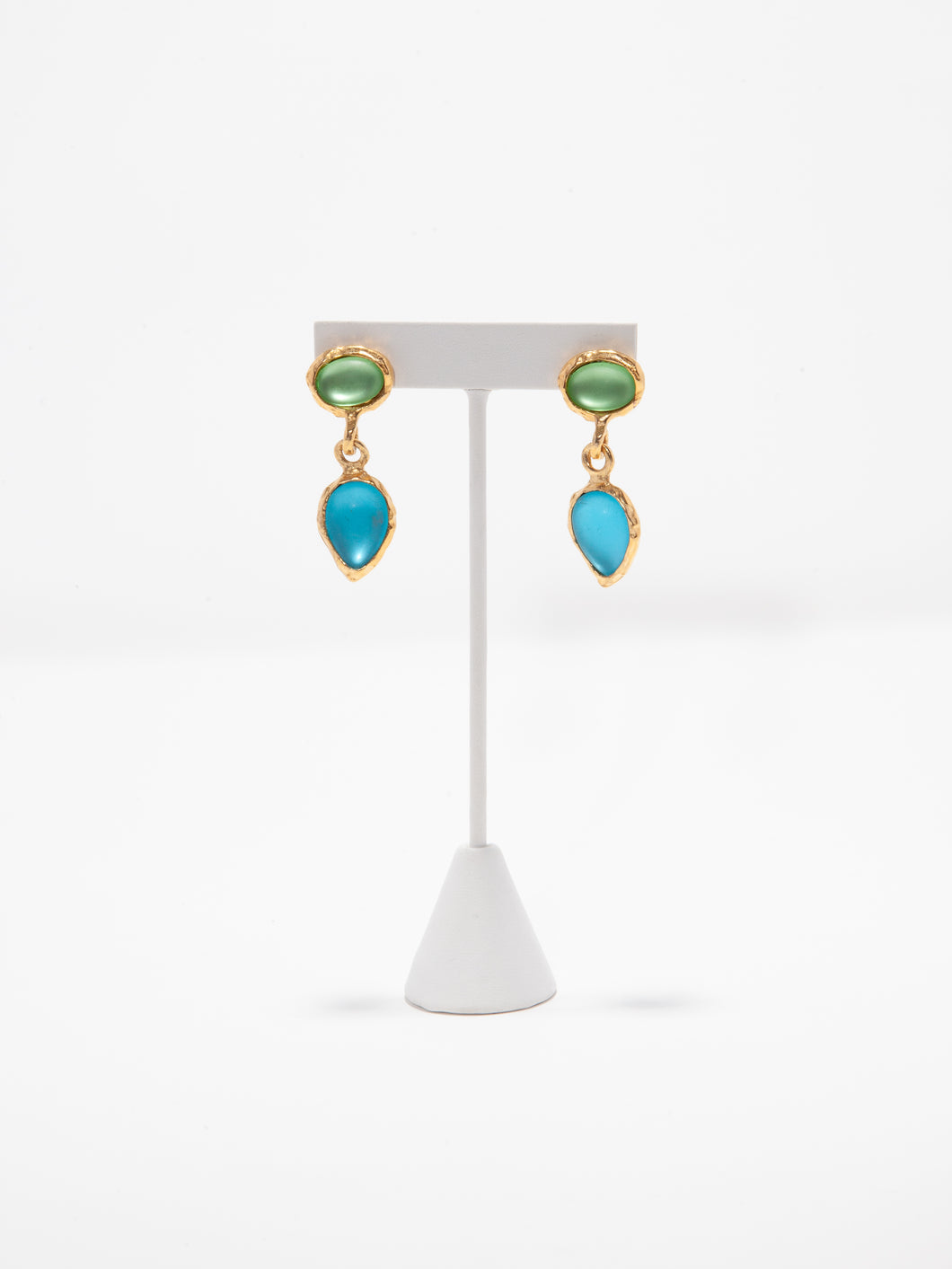 1980's Norma Jean Blue and Green Glass Cabochon  Drop Earrings