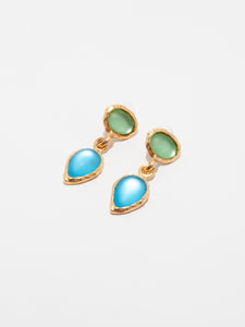 1980's Norma Jean Blue and Green Glass Cabochon  Drop Earrings