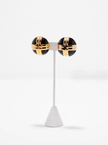 1980's Large Dome Black and Gold Tone Clip Earrings