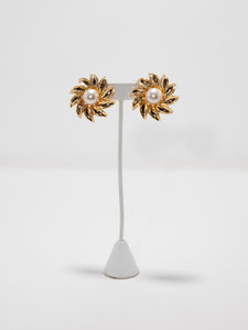 1980's Floral Gold Tone Faux Pearl Clip Earrings