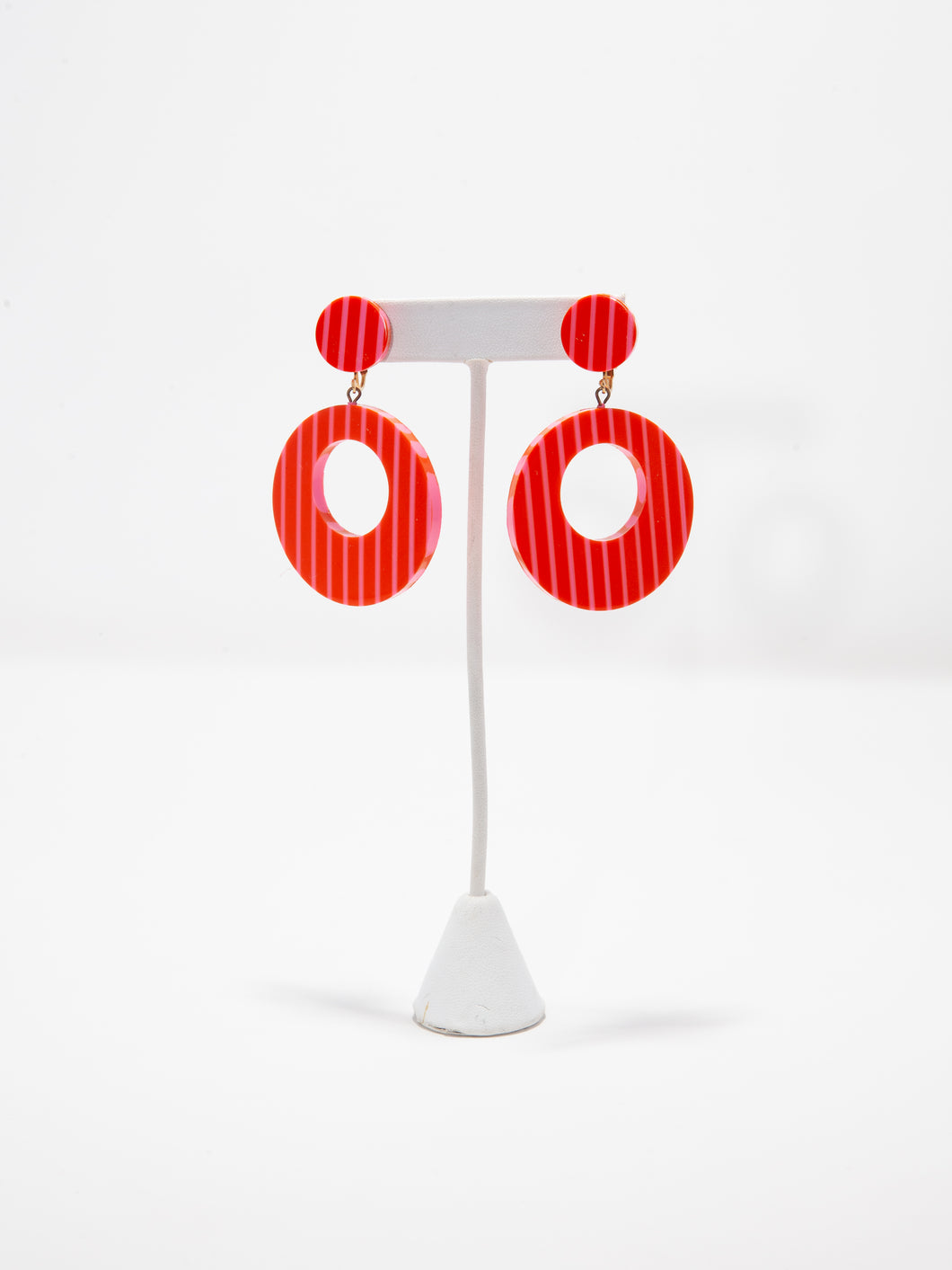 1960's Mod Resin Bright Red and Pink Stripe Circle Clip Earrings