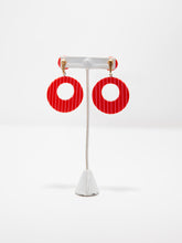 Load image into Gallery viewer, 1960&#39;s Mod Resin Bright Red and Pink Stripe Circle Clip Earrings