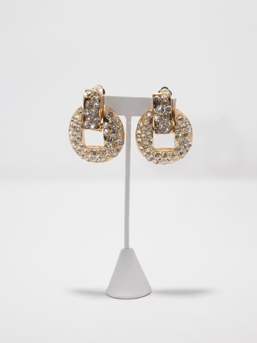 1980's Gold Door Knocker Crystal Rhinestone Clip Earrings