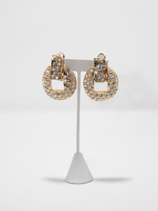 1980's Gold Door Knocker Crystal Rhinestone Clip Earrings