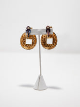 Load image into Gallery viewer, 1980&#39;s Gold Door Knocker Crystal Rhinestone Clip Earrings